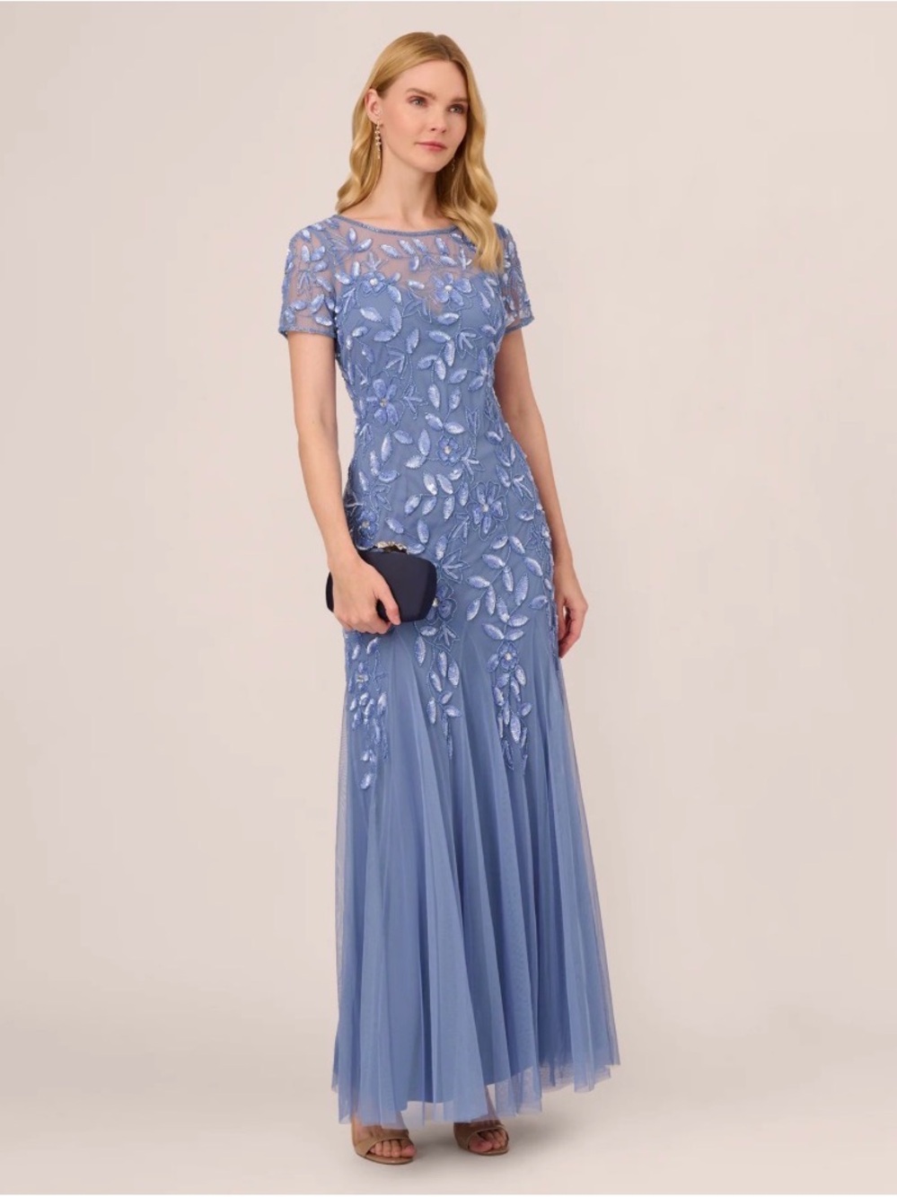 Adrianna Papell Dusty Blue Embroidered Illusion Neck Maxi Gown